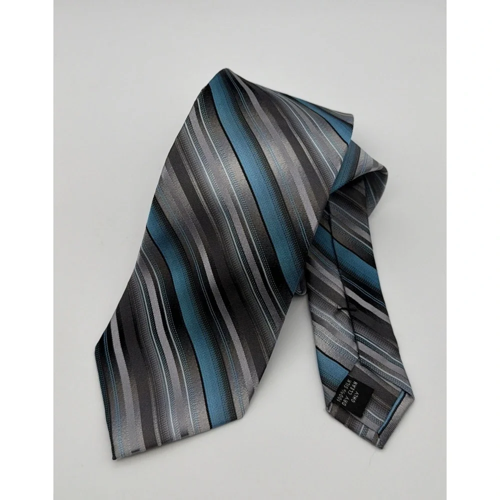 Pronto Uomo Mens Silk Tie Blue Silver Black Diagonal Striped Hand Made Necktie